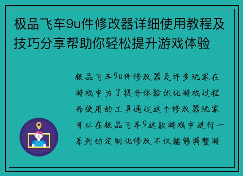 极品飞车9u件修改器详细使用教程及技巧分享帮助你轻松提升游戏体验